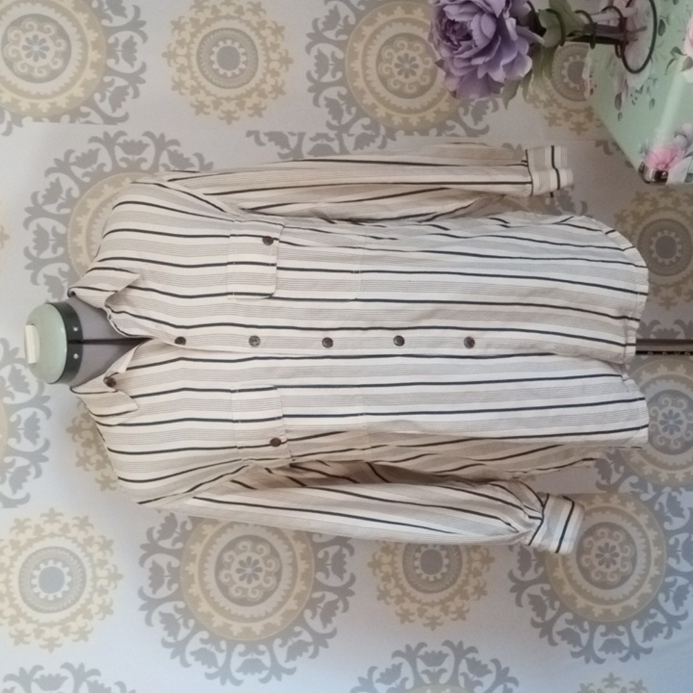 Vintage C'est City silk long sleeve button down blue striped khaki shirt small